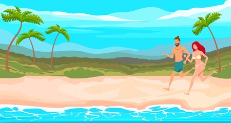 A guy and a girl are running along a tropical beach.