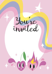 Invitation Card Template - You are invited, with funny comic cute characters and doodles: cherry and heart in love, cartoon style. Trendy modern vector illustration, hand drawn