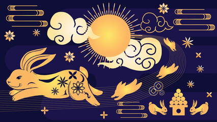 Year of the Golden Rabbit 2023 ,Chinese New Year Chinese zodiac concept ,golden rabbit running from the moon paper cut pattern