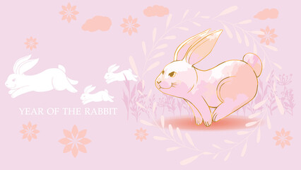year of the pink rabbit 2023 pink rabbit running in the flower garden paper cut pattern pattern