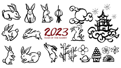 Year of the Rabbit 2023 ,Chinese brush strokes, rabbit and castle moon and offerings