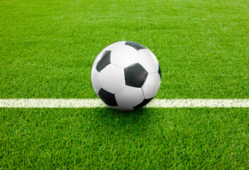 Fototapeta na wymiar Soccer Fußball auf einer Linie auf dem Fußballrasen