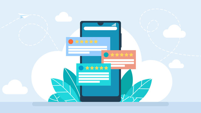 Evaluation of the store. Online survey and customers feedback concept. Assessment of users experience of services, opinions, questionnaire forms and checklists. Flat design. Business illustration.