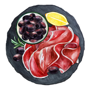 Prosciutto and black olives watercolor