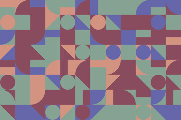 Multicolor Bauhaus pattern with basic shapes in square grid. Glassmorphism effect on frosted acrylic or matte plexiglass rectangle. Abstract background with retro geometric pattern