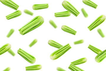 Falling celery isolated on white background, selective focus
