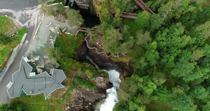 aerial flight over touristic waterfall and ravine viewing platform at Gudbrandsjuvet in More og Romsdal Province Norway