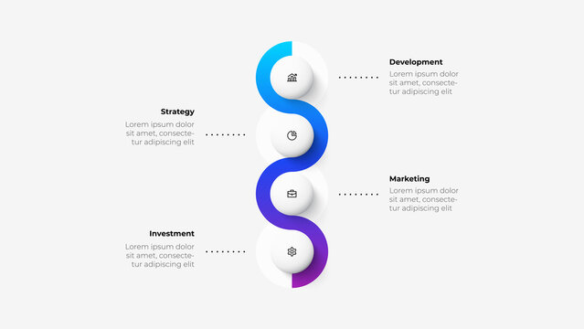 Infographic Design Template. Vertical Timeline With 4 Circle Elements And Thin Dots Line. Vector Illustration For Brochure, Banner, Annual Report.