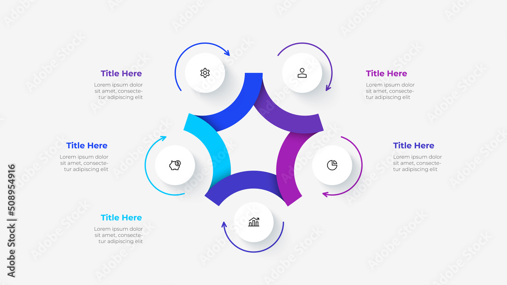 Leinwandbilder Cycle diagram divided into 5 segments. Concept of five options of business project infographic. Vector illustration for data analysis visualization.