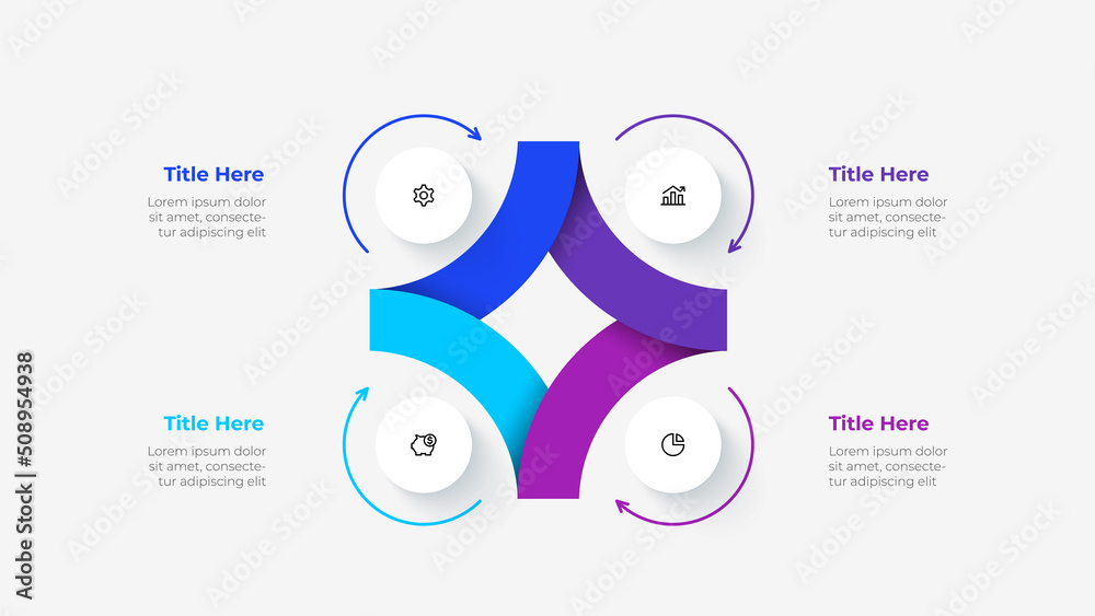 Fototapete Cycle diagram divided into 4 segments. Concept of four options of business project infographic. Vector illustration for data analysis visualization.