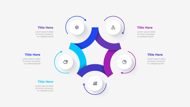 Cycle diagram divided into 5 segments. Concept of five options of business project infographic. Vector illustration for data analysis visualization.