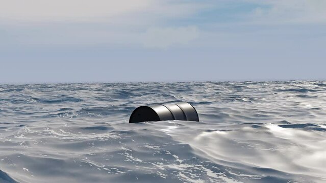 Oil Drum Barrel In The Open Sea. Toxic Waste. 3D Rendering Of Environmental Pollution Problems Concept