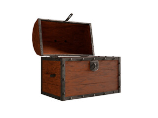 Empty wooden open chest with a metal rim. 3d rendering illustration on white isolated background.