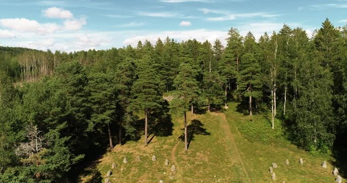 Aerial flight over archaeological stone circles with largest number of petroglyphs from the Bronze Age