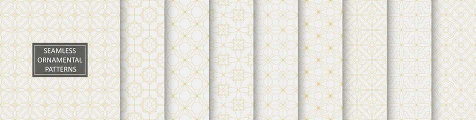 Collection of repeatable ornamental vector luxury patterns. Elegant white geometric oriental seamless backgrounds, symmetric textures