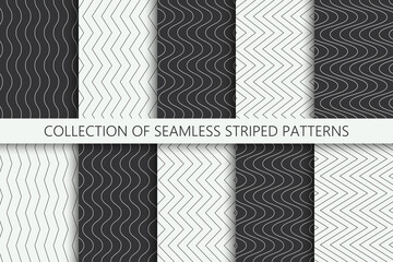 Collection of monochrome seamless striped patterns. Black and white paper linear zigzag, wave textures. Minimalistic textile prints