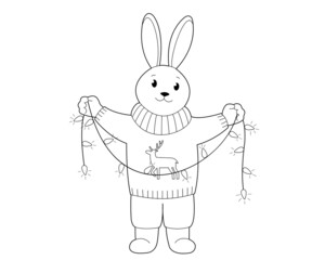 Christmas character rabbit and garland. A design element or a page of a children's coloring book