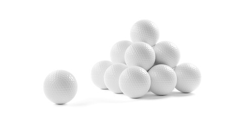Pyramid of white golf bals with single white golf ball in front over white background