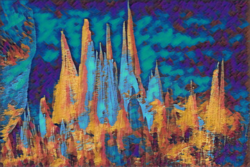 Artist view of Stalactite ceiling in Carlson Bad Cavern turned upside down.  In bold colors and visible brushstrokes. 