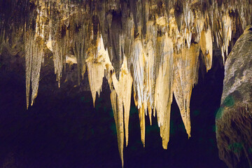 View of Stalactite ceiling in Carlson Bad Cavern.  With yellow, green, and dark purple are painted...