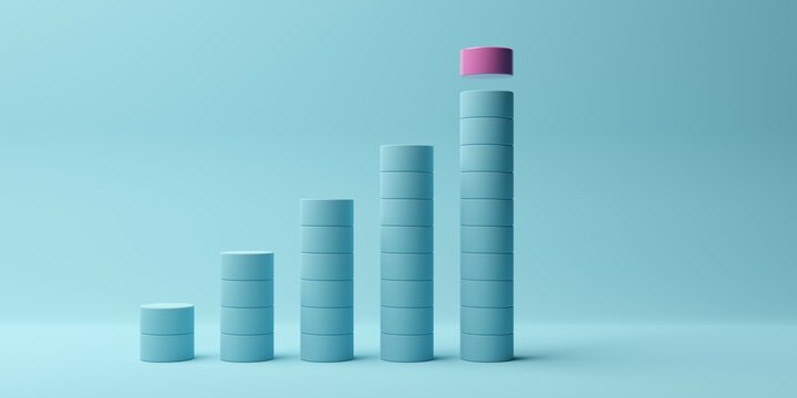Pink cylinder on rising bar graph of blue cylinders on blue background, abstract modern minimal success, growth, progress or achievement concept