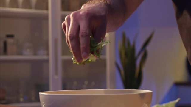 male hands are preparing a salad for dinner. hands throw lettuce leaves and tomatoes into a plate. husband preparing cherry tomato for caprese salad. 100fps 2.8k