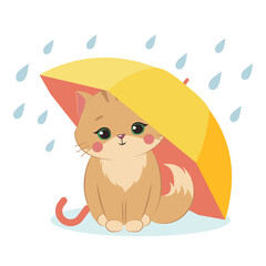 Cute cat with an umbrella in the rain. Fluffy kitten cartoon. Vector illustration.