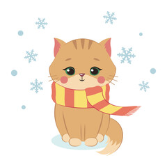 Cute cat with a scarf and snow. Fluffy kitten cartoon. Winter vector illustration.