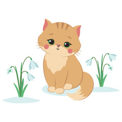 Cute cat with snowdrops. Fluffy kitten cartoon vector illustration.