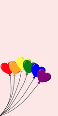 Rainbow heart balloons in the left corner on the light pink background with space. Vector illustration