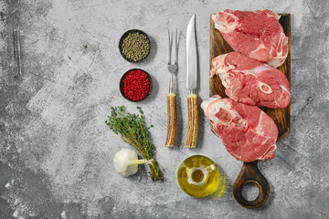 Overhead view of raw lamb leg cut as a steak