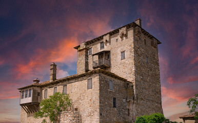 Byzantine Prosphorion tower in Greece against a bright sky