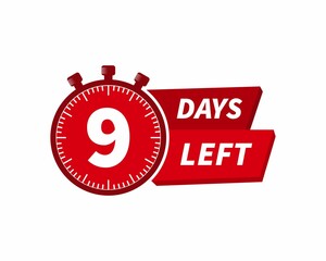 9 days left label with countdown for promo design. Count down timer for sale announcement. Date counter badge with limited time on clock
