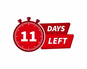 11 days left label with countdown for promo design. Count down timer for sale announcement. Date counter badge with limited time on clock