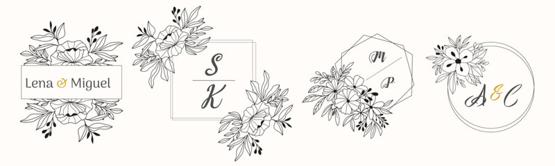 lines flower flora logo wedding greeting card bride and groom invitation card vector illustration