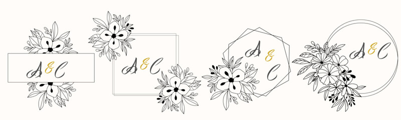 lines flower flora logo wedding greeting card bride and groom invitation card vector illustration