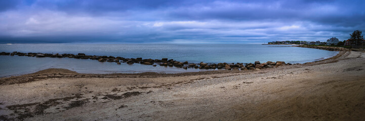 Panoramic seascape with a curved jetty at the seabird animal wildlife sanctuary on Cape Cod, Massachusetts