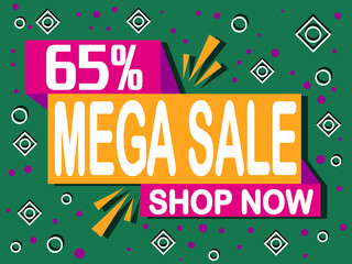 65% off mega sale. Banner with 65% off icon. Shop now for online sales.