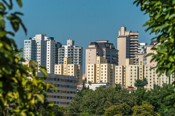Cityscape showing buildings ,blue sky and tree branches ,Piracicaba SP Brazil .