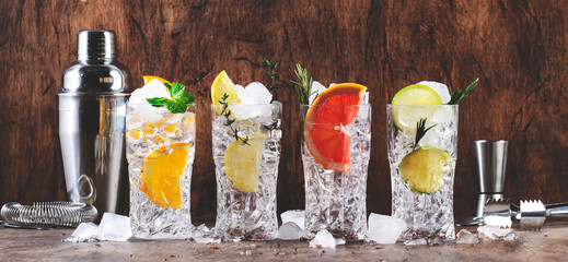 Gin tonic citrus summer cocktails set. Long drinks with lime, lemon, grapefruit, orange, soda and herbs in highball glasses at cocktail party, wooden background