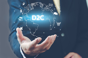 Man hand virtual world icon. D2C icons and symbols Direct to Consumer virtual screen. Business concept.