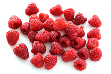Top view group of red fruit fresh red raspberries on white background, copy space