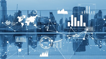 Business data analytic interface fly over smart city showing alteration future of business intelligence. Computer software and artificial intelligence are used to analyze big data for strategic plan .
