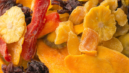 Mix of dried exotic fruit, mangos,slices of pineapples, passion fruit, papaya.