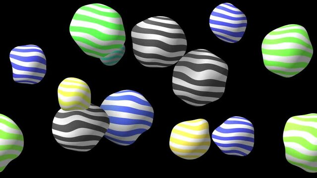 Abstract colorful background with flying or floating simple geometric forms. 3d sphere animation.