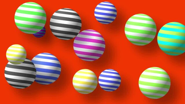 Abstract colorful background with flying or floating simple geometric forms. 3d sphere animation.