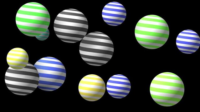 Abstract colorful background with flying or floating simple geometric forms. 3d sphere animation.