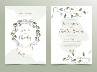 Greenery Watercolor Floral wedding invitation template card design in rustic style	
