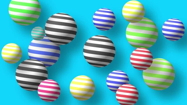 Abstract colorful background with flying or floating simple geometric forms. 3d sphere animation.