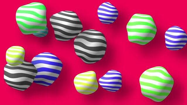 Abstract colorful background with flying or floating simple geometric forms. 3d sphere animation.